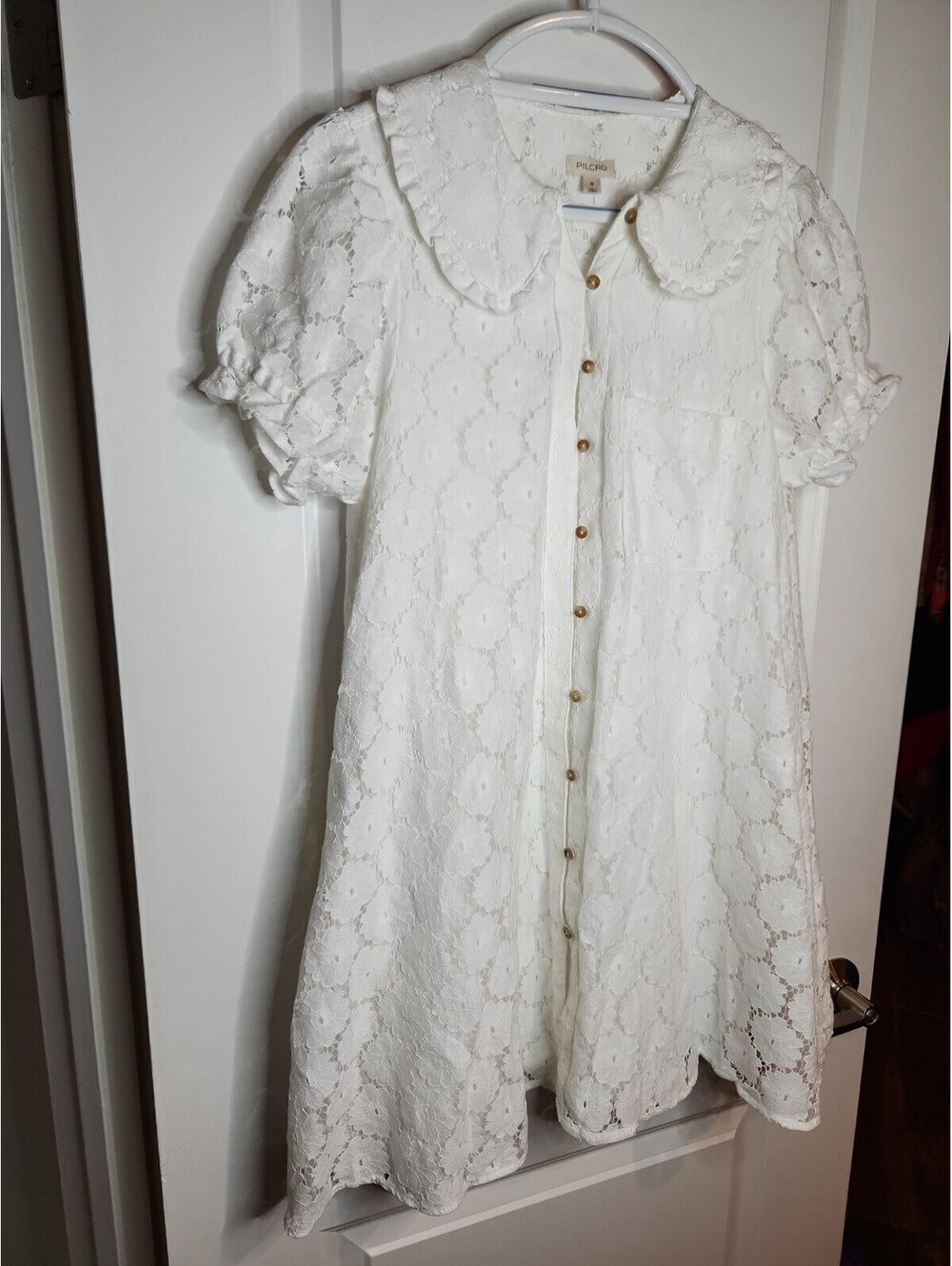New Pilcro Ruffle Shift Dress Women's M Pockets Ivory Wht Eyelet Lace Embroidere - Picture 7 of 9
